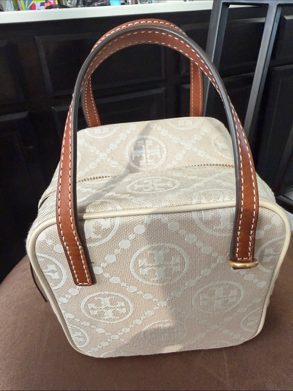 Tory Burch Cream Logo Jacquard Mini Tote with Brown Leather Handles